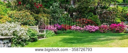Beautiful Garden With Blooming Trees During Spring Time, Wales, , Banner Size