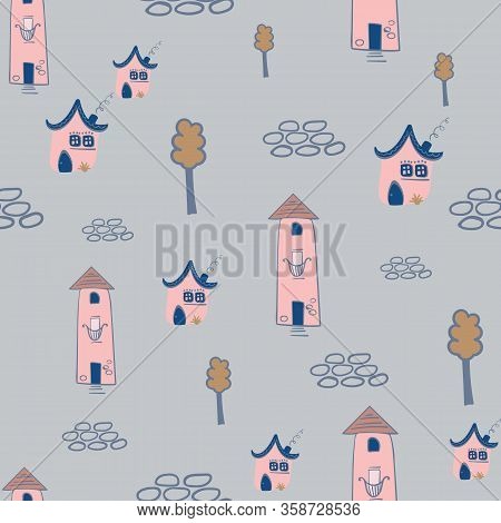 Pink Houses Seamless Vector Pattern On Greyish Blue Background. Childish Village Surface Print Desig