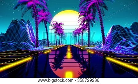 80s Retro Futuristic Sci-fi Background. Vj Videogame Landscape With Neon Lights