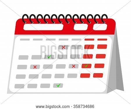 Desktop Paper Calendar In Isometric Style On White Background. With A Tick And A Cross. Flat Color I