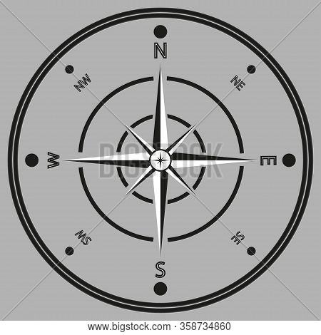 Black And White Image Of A Compass In A Flat Rear. Isolated On Gray Background. Vector Illustration
