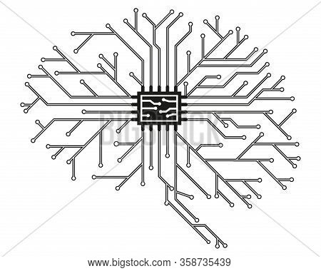 Computer Board In The Form Of A Human Brain In Black With A Processor. Abstract Illustration Of Scie