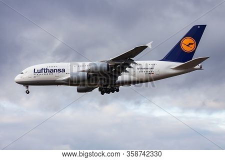 Frankfurt / Germany - December 4, 2012: Lufthansa Airbus A380 D-aimi Passenger Plane Landing At Fran