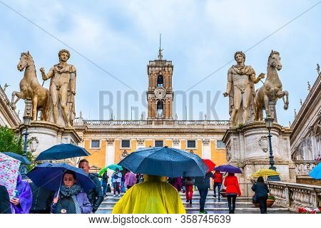 Rome, Italy - November 04 2018: Statues Of Pollux & Castor At The Cordonata Stairs At Piazza Del Cam