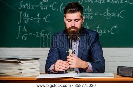 On Way To Success. Teacher Work With Microscope. Science Concept. Scientist With Microscope Chalkboa