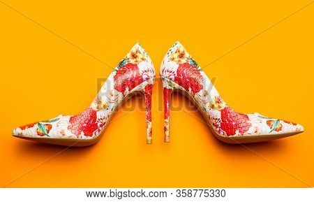 Stylish Female Shoes In Colors. Fashionable Women Shoes. Colored Women Shoes On Yellow, Orange Backg