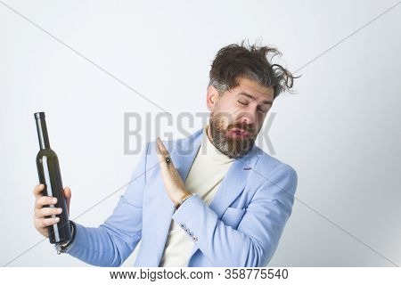 The Man Refused To Drink Alcohol And Showed A Sign Of The Stop Sign On White Background. Bearded Mal