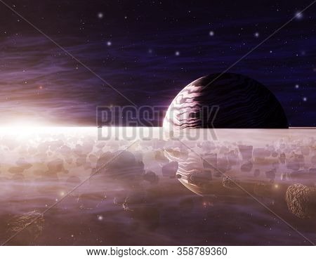 Planet Saturn Or Jupiter Close-up, With Rings, And In The Rays Of The Sun. World Outside Of Our Sola