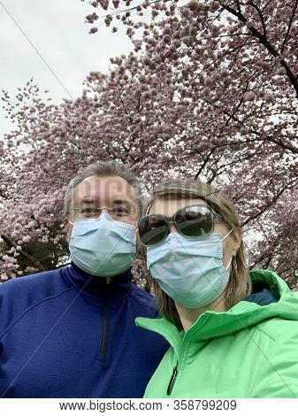 Married Couple Is Wearing Face Masks Outside. Cherry Blossom In Spring And People In Self Isolation.