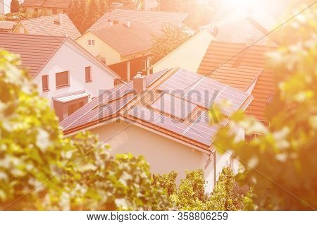 Solar Panels On The Tiled Roof Of The Building In The Sun. Top View Through Grape Leaves. Image For 