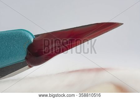 Close Up Of Medical Scalpel On White Background. Scalpel Is Used For Cannulation Of Central Venous C