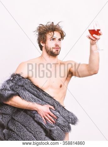 Richness And Luxury Concept. Sexy Sleepy Rich Macho Tousled Hair Drink Wine Isolated On White. Guy A