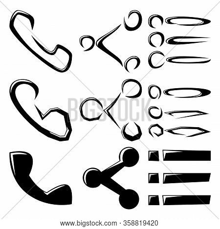 A Set Of Nine Different Abstract Icons. A Set Of Different Variations Of The Phone Sign, Lists, And 