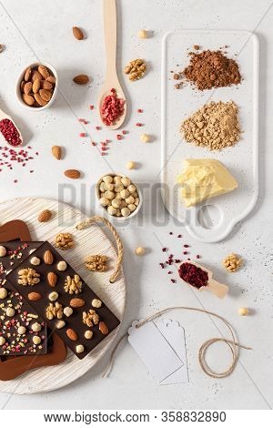 Chocolate Making: Organic Ingredients Cocoa Butter, Cocoa Powder And Coconut Sugar, Nuts And Dries B