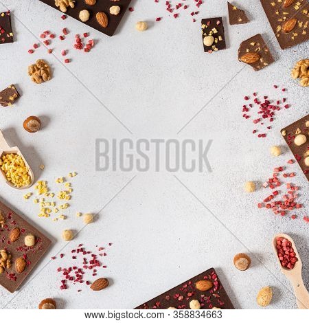 Dark And Milk Chocolate Frame With Copy Space For Text. Top View, Flat Lay. Variety Of Chocolate Bar