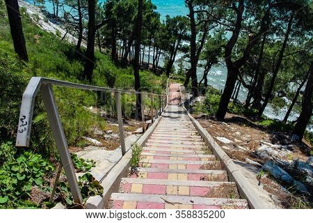 Blue Abyss, stairs to the sea through the forest and camping, the outskirts of the resort city of Gelendzhik. Black sea coast