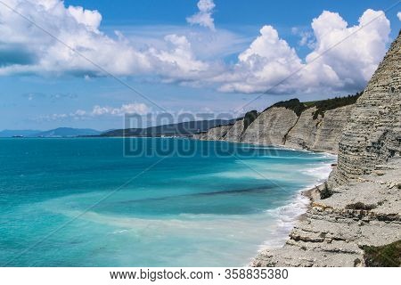 Sosnovka, wild beach and camping, rocks and forest in the vicinity of Gelendzhik resort. Black sea coast