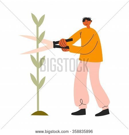 Man Farmer Sitting And Cutting Plant Vector Illustration
