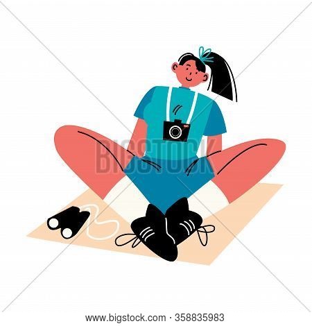 Girl Traveler Sitting With Camera And Binoculars Vector Illustration