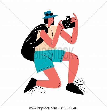 Young Girl Traveler Sitting On Knee And Making Photo Vector Illustration