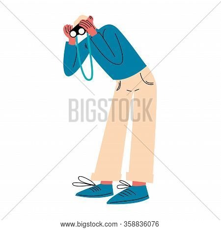 Young Man Traveler Standing And Looking At Binoculars Vector Illustration