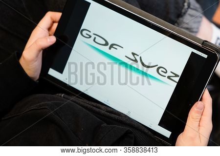 Bordeaux , Aquitaine / France - 12 04 2019 : Gdf Logo Sign On Screen Tablet French Gas Provider Sign