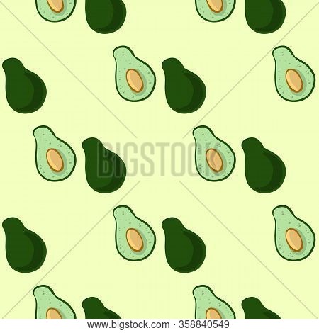 Avocado Doodles Vector Seamles Border Pattern. Cut In Half Avocado Vegetable On Green Background. St