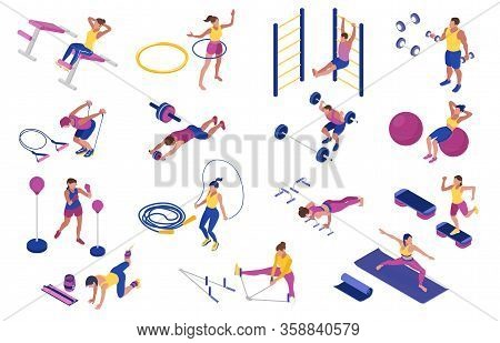 Men And Women Doing Fitness With Barbells Boxing Pear Hoop Dumbbells At Home Isometric Icons Set 3d 
