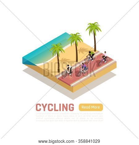 Cycling Isometric Summer Background With People Riding Bicycles Along South Sea Shore Vector Illustr