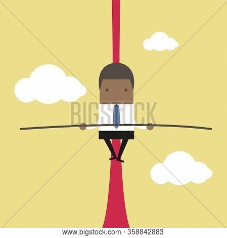 African Businessman Balancing On Rope. Vector Illustration
