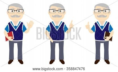 Set Of A Smiling Old Man In Three Different Poses: Waving With Book, Hand In The Pocket With Index U