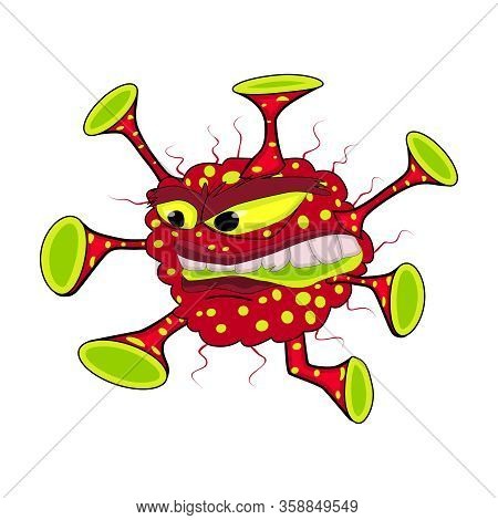Funny Micro Medical  Virus Isolated On White Background. Cartoon Bad Bacteria Monster Character With