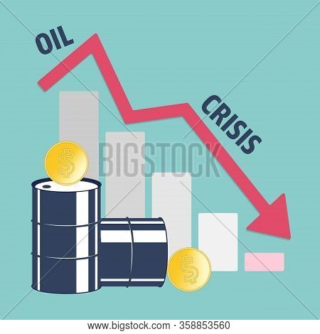 World Oil Crisis. Graph With Down Arrow, Halons With Oil And Dollar Sign