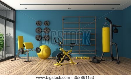 Blue Home Gym With Punching Boxer,cyle And Other Fitness Equipment - 3d Rendering