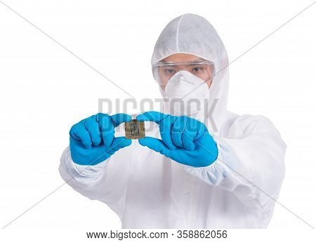Engineers In Aseptic Kits Are Checking Microchips In Electronic Factory. Isolated With Clipping Path