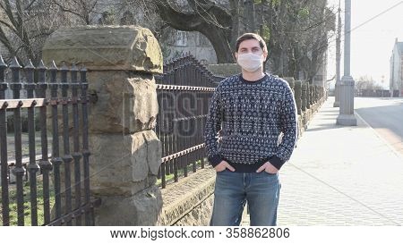Medical Mask White Street Man Young Coronavirus Covid 19 Blue Eyes