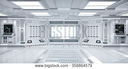 Futuristic Sci-fi Hallway Interior With  Computer And Monitor Screen On Wall, 3d Rendering