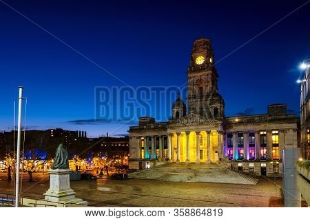 View Of Guildhall In Portsmouth, Uk At Night. Clear Dark Sky