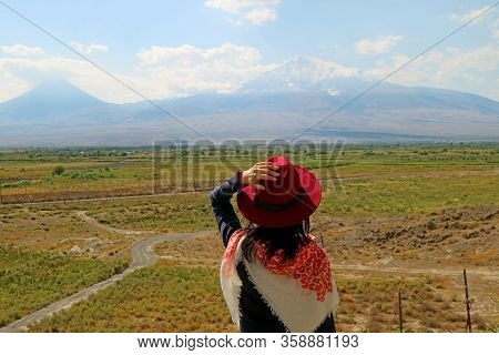 Female Traveler Impressed By Mount Ararat, The Mountains Described In The Bible As The Resting Place
