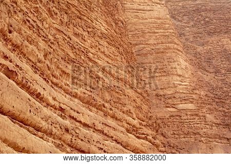 Close-up And Detail Of The Geology And Structure Of The Khazali Mountain In Wadi Rum. Travel And Tou