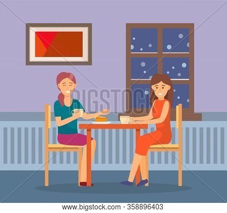 Friends Spending Time Together At Home. Meeting Of Two Women For Intimate Talk, Conversation. People