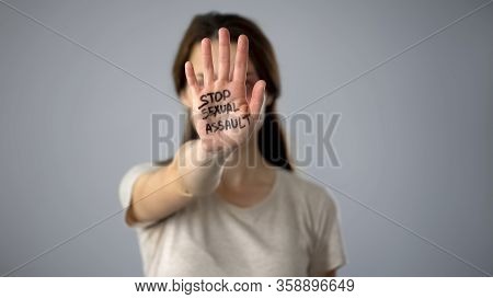 Stop Sexual Assault Sign On Womans Hand, Discrimination Prevention, Assault