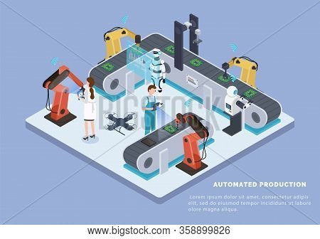 Automated Production Using Robotic Mechanisms. People Controlling Conveyor And Robots Working On Eng