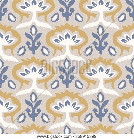French Blu Shabby Chic Damask Vector Texture Background. Antique White Yellow Blue Seamless Pattern.