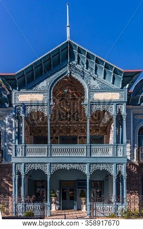 Borjomi , Georgia - August 12, 2019 : Blue Palace Firuza landmark of the thermal city of Borjomi Samtskhe Javakheti region Georgia eastern Europe