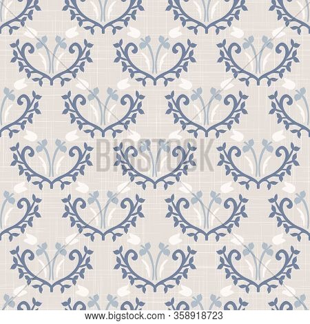 French Blu Shabby Chic Damask Vector Texture Background. Antique White Blue Heart Seamless Pattern. 