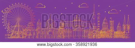 Horizontal Vector Line Art Illustration Of Landmarks Of Berlin, Germany. Berlin Skyline Vector Illus