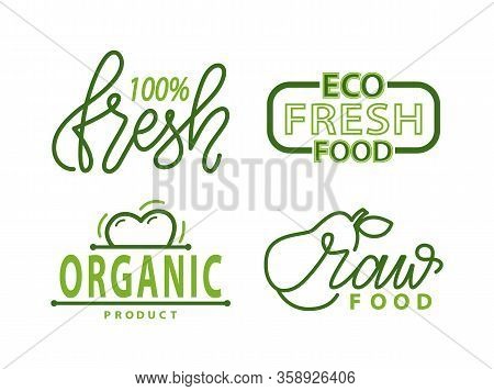 Eco Fresh Food, Organic Raw Fruits And Vegetables Isolated Green Logos. Vector Super Quality Product