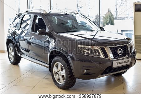 Russia, Izhevsk - March 19, 2020: New Modern Terrano Car In The Nissan Showroom. Front And Side View