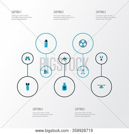 Warfare Icons Colored Set With Shot, Radiation, Fugitive And Other Bomb Elements. Isolated Vector Il